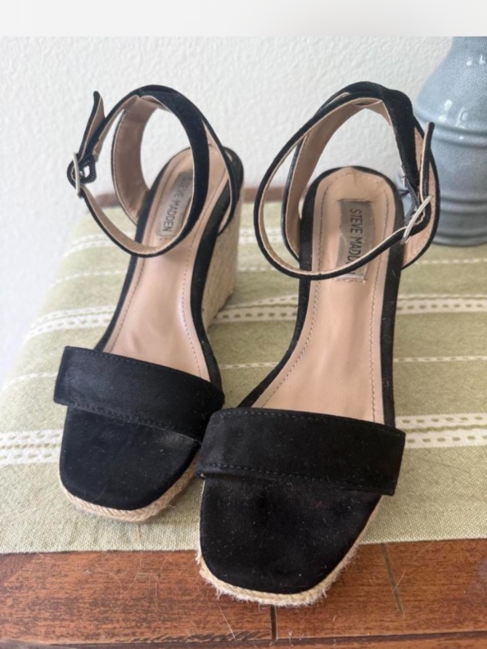 Steve Madden Black Suede Espadrille Wedge Sandals
